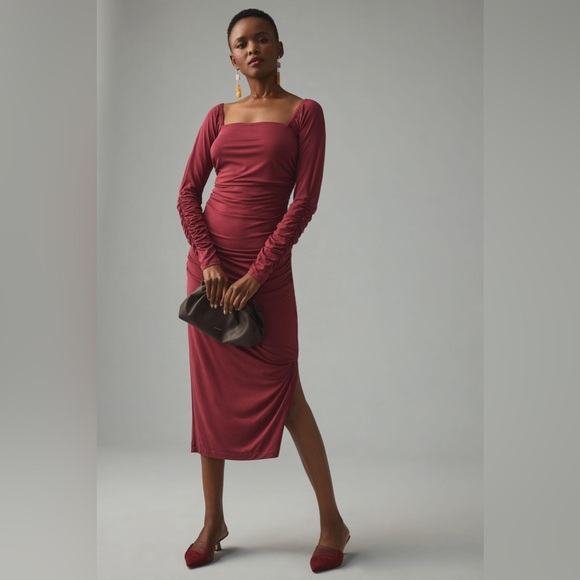 ✨ Anthropologie Ruched Square-Neck Dress Sz L - Picture 1 of 6